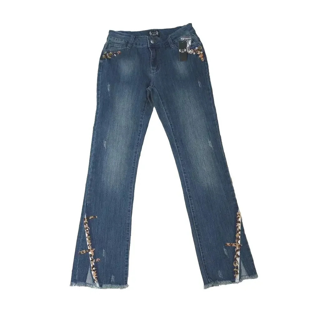 A.Z.I. New York Jeans Sz 4‎ New Jeweled Mid-rise Raw Hem Distressed Blue Denim